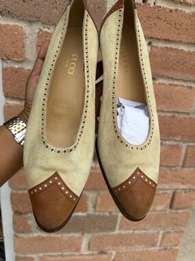 Gucci Beige Suede and Brown Leather Cap-Toe Ballet Flats